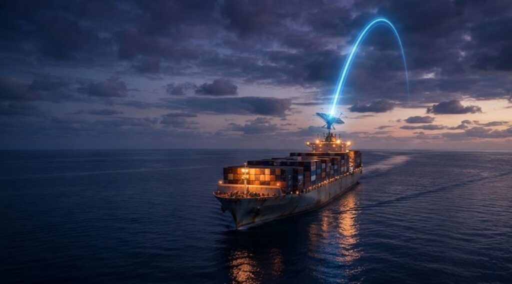 Container vessel sailing at dusk with blue satellite signal from onboard antenna, illustrating maritime satellite connectivity by Station Satcom