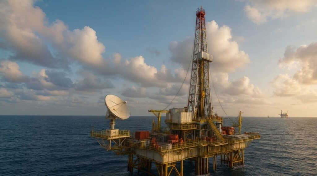 Offshore oil and gas platform with a satellite communication antenna, illustrating reliable remote energy connectivity and multi-orbit satcom solutions from Station Satcom.