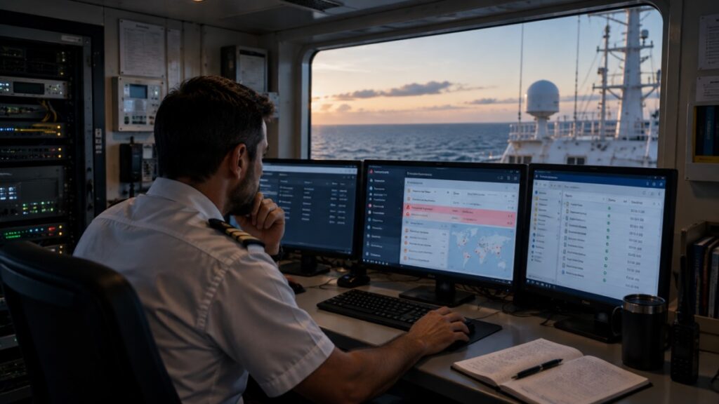 Shipboard IT officer monitoring cloud security dashboards and vessel network systems, illustrating maritime cloud security, fleet cybersecurity monitoring, and secure ship-to-shore operations by Station Satcom.