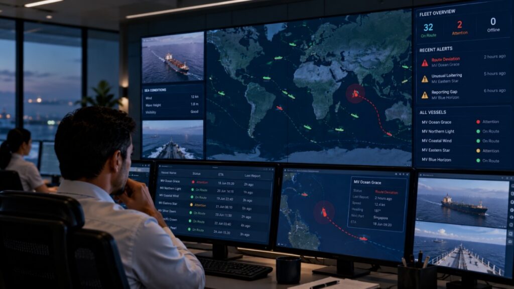 Fleet operations team viewing AI-powered vessel monitoring dashboards with maps and alerts, representing maritime analytics, anomaly detection, remote vessel surveillance, and fleet visibility.