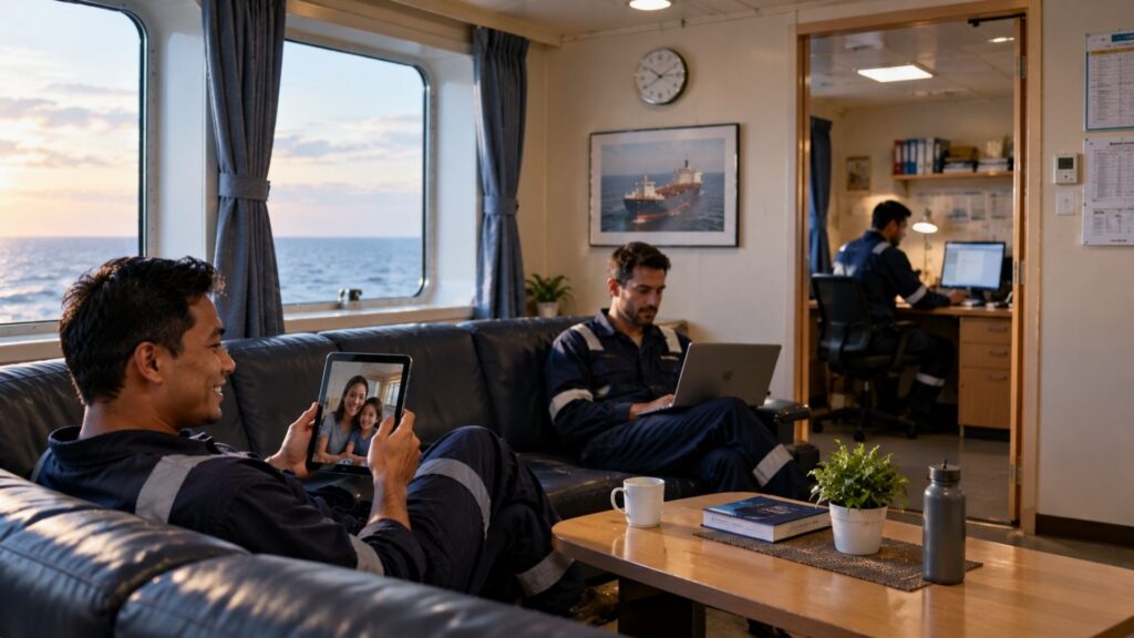 Seafarers using reliable satellite internet for family communication and onboard work