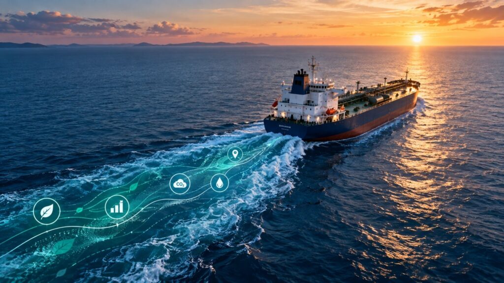 Commercial vessel using multi-orbit satellite links for low-latency environmental data and global batch data, illustrating sustainable satcom, maritime emissions monitoring, and greener connected shipping.