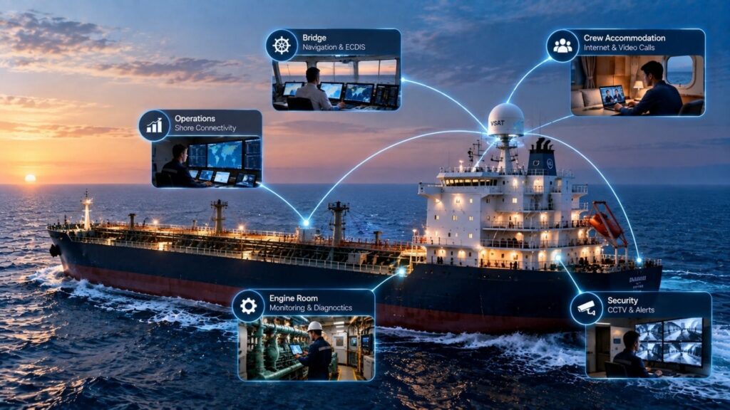 VSAT satellite dish installed on a cargo vessel at sea with an orbiting satellite overhead, illustrating vessel satellite internet, maritime VSAT connectivity, and reliable offshore communications.