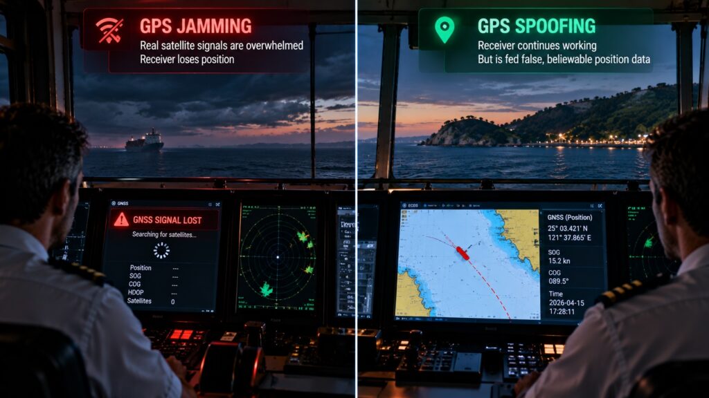 Bridge screens showing GNSS interference and GPS spoofing warning signs on a vessel