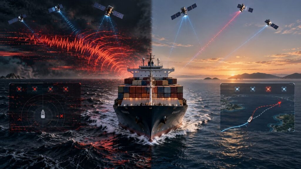 Ship bridge display comparing GPS jamming and GPS spoofing effects on maritime navigation