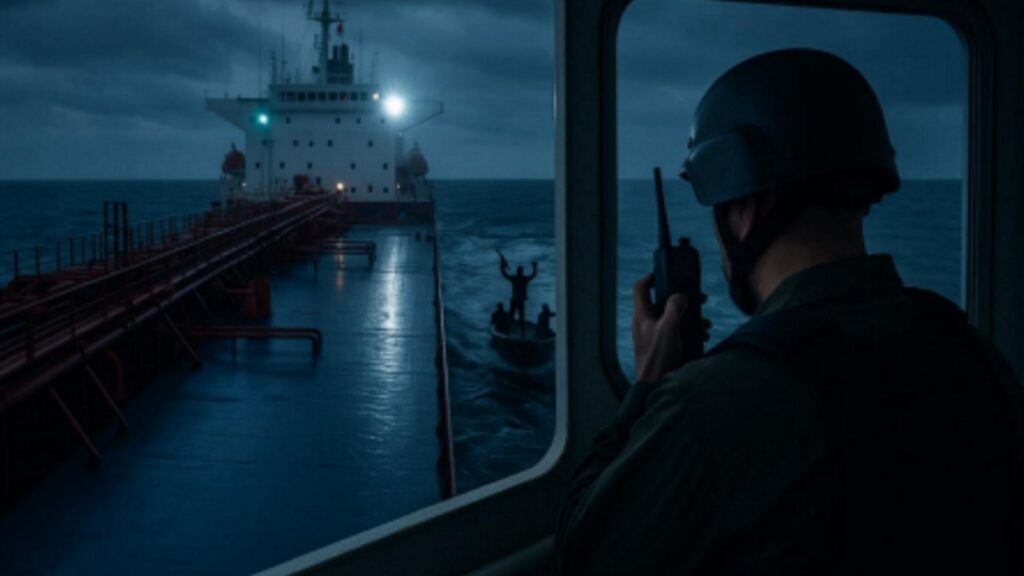 Crew member inside a ship citadel using secure emergency communications during a high-risk maritime situation, illustrating satellite connectivity, piracy response, vessel safety, and Station Satcom emergency communication systems.