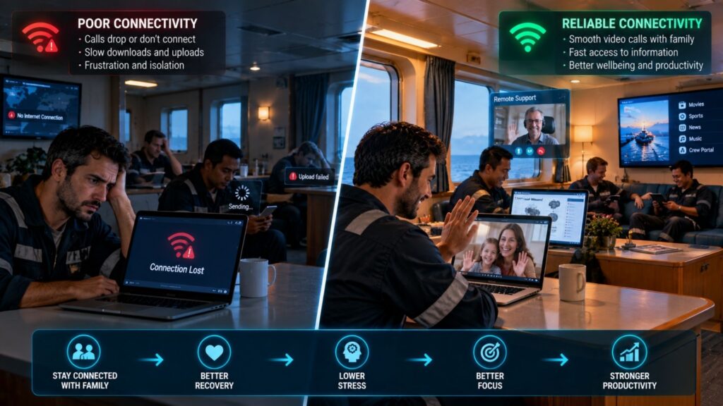 Comparison of poor and reliable maritime connectivity for crew welfare and productivity