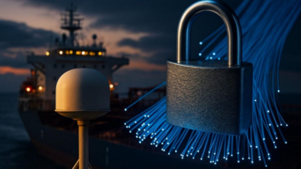 Maritime cybersecurity concept showing a vessel satellite communication system protected by a digital padlock, representing secure satellite links, cyber threat prevention, and Station Satcom maritime cybersecurity solutions.
